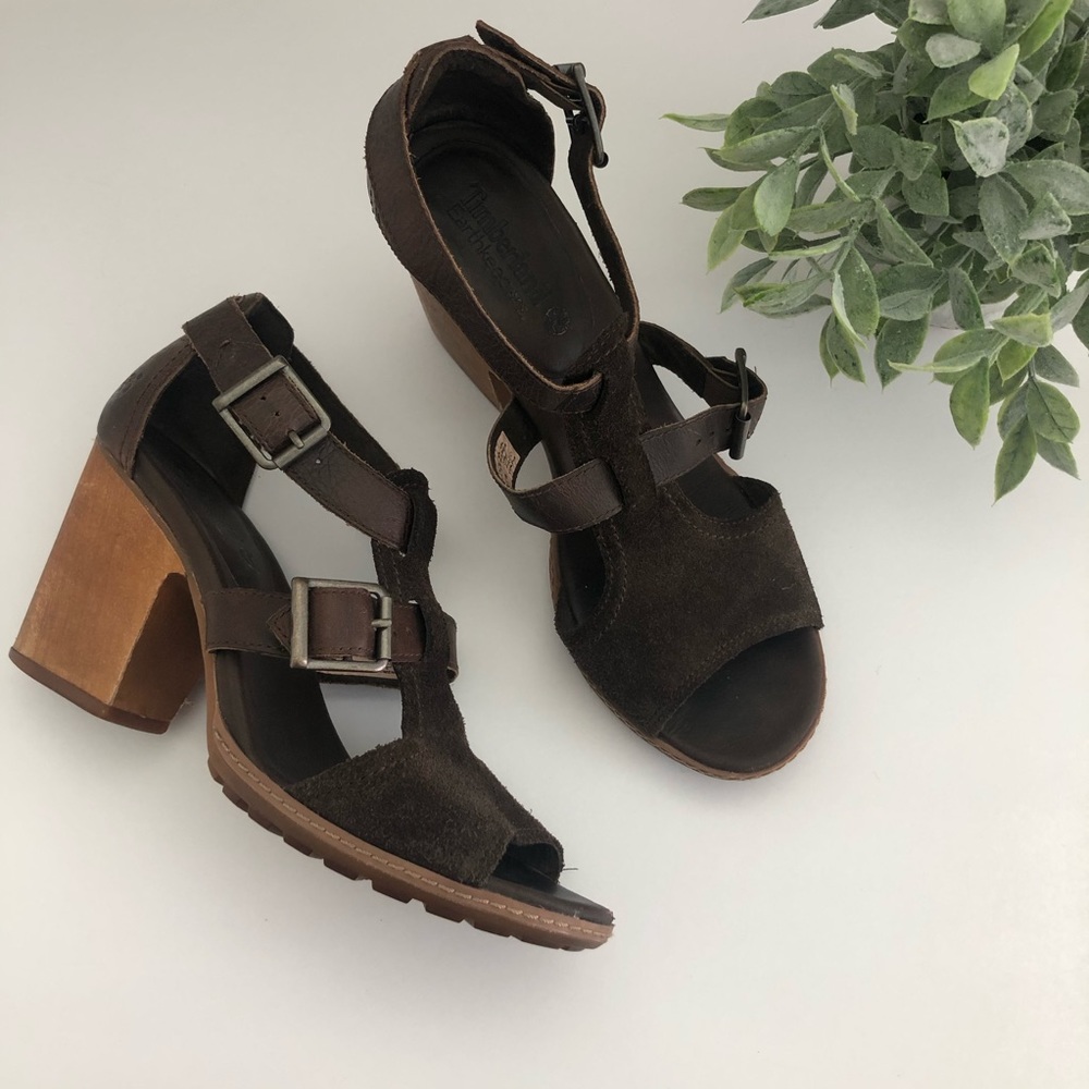 Timberland Dark Brown Suede Block Heel Sandals